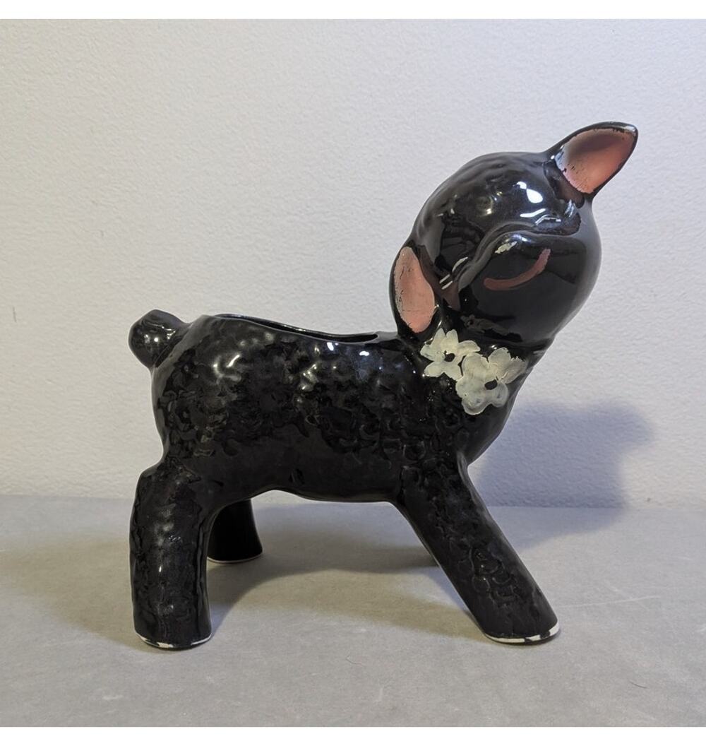 Vintage 1950s Black Lamb Ceramic Planter Kitsch Sheep Pot - AS IS / Worn